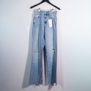 NEW Zara Women's High Rise Full Length Straight Leg Raw Edge Hem Cotton Jeans 2